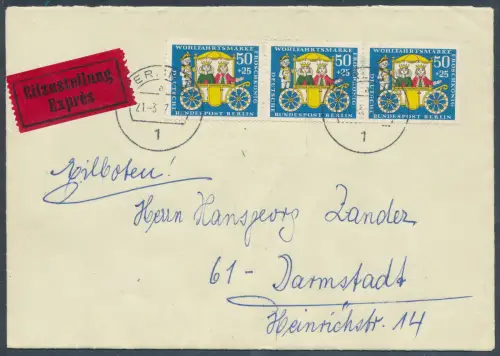 Berlin Me.F. Mi.-Nr. 298 als Eilbote-Fernbrief mit Propaganda-Vignette gelaufen.