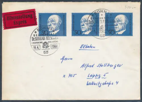 Bund Me.F. Mi.-Nr. 557 als Eilbote-Fernbrief gelaufen.