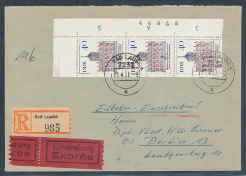 DDR. Me.F. Mi.-Nr. 1250 als R.-Eilbote-Fernbrief gelaufen.