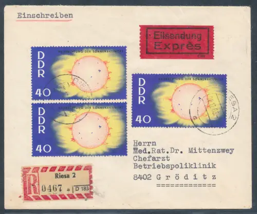 DDR. Me.F. Mi.-Nr. 1082  als R.-Eilbote-Fernbrief gelaufen.