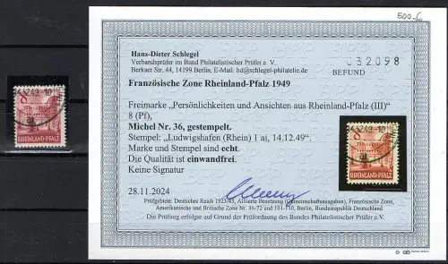 Fr.-Zone Rheinland-Pfalz Mi.-Nr. 36 gestempelt, Befund SchlegelBPP.