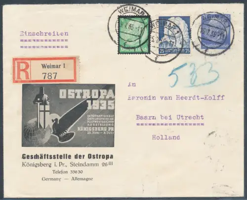 DR. Hindenburg Ganzsache mit Zudruck Ostropoa 1935. als R.-Fernbrief gelaufen.