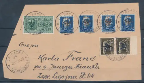 Dt. Besetzung 1939/45 Laibach Mi.-Nr.  1(2x), 7(4x), 20 auf Briefausschnitt.