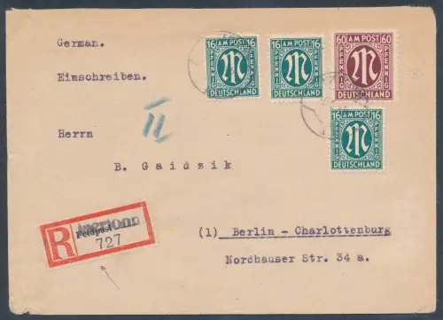 Bizone, AM Post R-Fernbrief mit MiF. Mi.-Nr. 25 + 33