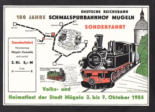 DDR - Gedenkblatt, 100 Jahre Schmalspurbahnhof Mügeln, B19-1984 
