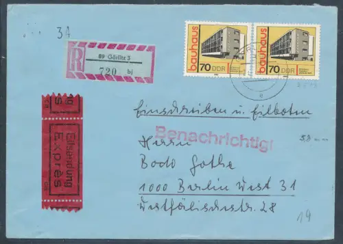 DDR. Me.F. Mi.-Nr. 2513 als R.-Eilbote-Fernbrief gelaufen.