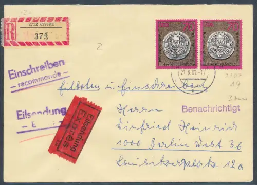 DDR. Me.F. Mi.-Nr. 2307 als R.-Eilbote-Fernbrief gelaufen.