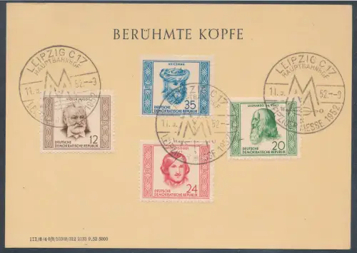 DDR. Gedenkkarte Berühmte Köpfe Mi.-Nr. 311-314