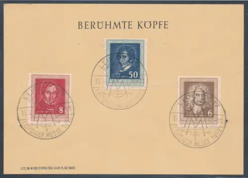 DDR. Gedenkkarte Berühmte Köpfe Mi.-Nr. 308-310