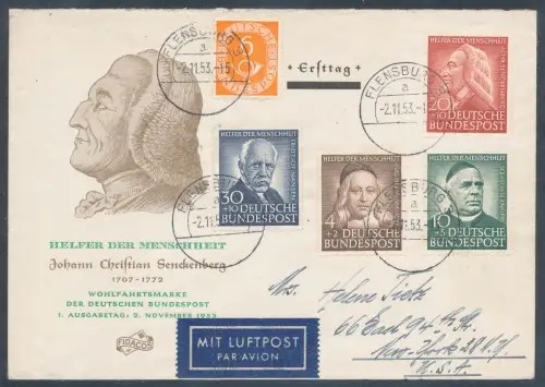 Bund. FDC. Mi.-Nr. 173-176  als Ausland-Luftpostbrief gelaufen