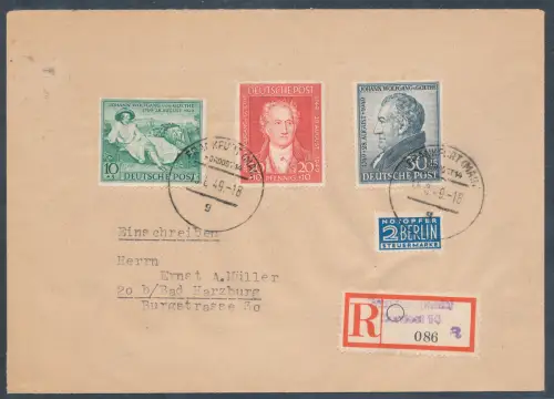  Bizone FDC. Goethe Mi.-Nr. 108-110 als R.-Fernbrief gelaufen, sign.SchlegelBPP.