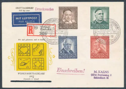 Bund. FDC. Mi.-Nr. 173-176 auf R.-Fernbrief gelaufen mit Ak.-St.