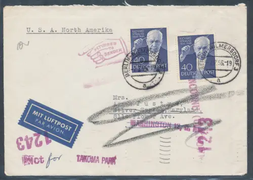 Berlin Me.F. Mi.-Nr. 124 auf Ausland-Luftpostbrief mit Ak.-St.