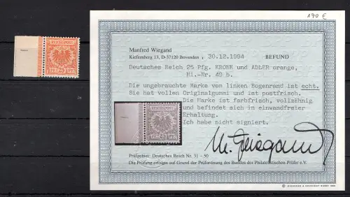 DR., Mi.-Nr.  49 b postfrisch vom linken Bogenrand/gefaltet, Befund WiegandBPP.