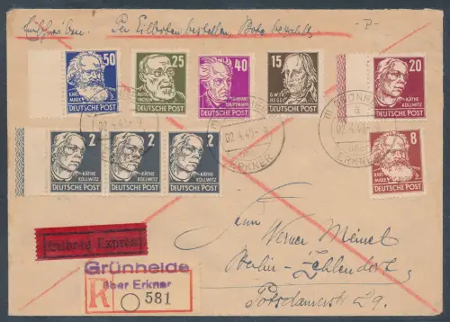 SBZ. All. Ausgaben Köpfe I, 7 Farbenfrankatur R.-Eilbote Fernbrief,portorichtig.