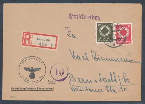 DR. Dienstmarke Mi.-Nr. 141 + 172 als R.-Fernbrief gelaufen mit Ak.-St.