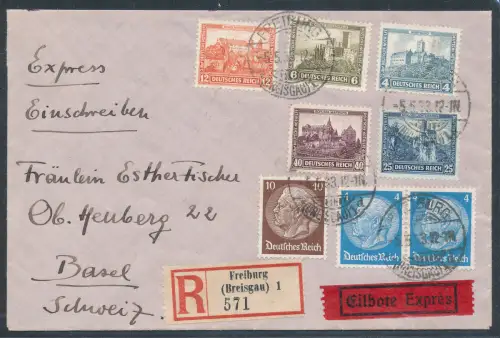 DR. Mi.-Nr. 474-478 u.a. auf R.-Eilbote-Auslandbrief in der Schweiz gelaufen. 