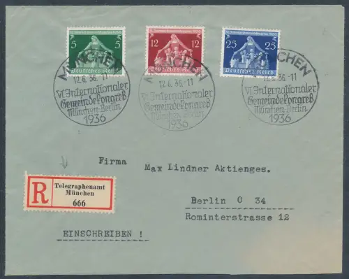 DR. Satzbrief Mi.-Nr. 618-620 als R.-Fernbrief portorichtig gelaufen mit Ak.-St.