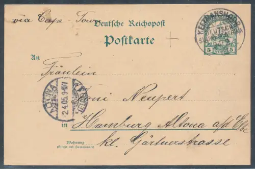 DSWA. Ganzsache P 13 von Keetmanshoop nach Hamburg gelaufen.