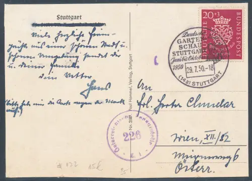 Bund EF. Mi.-Nr. 122 als Auslandkarte gelaufen, zensiert.