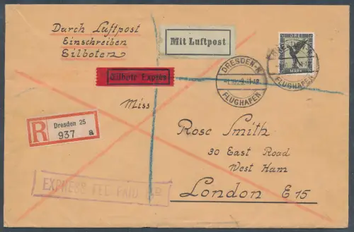 DR. EF. Mi.-Nr. 384 als R.-Eilbote-Lufpost-Auslandbrief gelaufen.