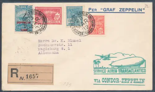 Zeppelin-Brief Si. 139 Brasilianischepost nach Deutschland.