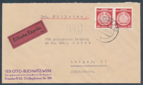 DDR. Dienst-Brief mit  Me.F. Mi.-Nr. 25 als Eilbote-Fernbrief gelaufen.