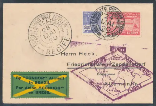 Zeppelin-Brief Europa Pan America Round Flight via Condor from Brazil.