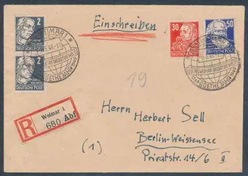 SBZ. Köpfe I auf Brief mit seltenem St. Weimar Goethejahr als R.-Brief gelaufen.