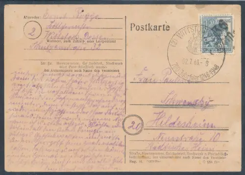 SBZ. Handstempel-Karte  EF. Mi.-Nr. 170 /Bezirk 36 auf Fernkarte