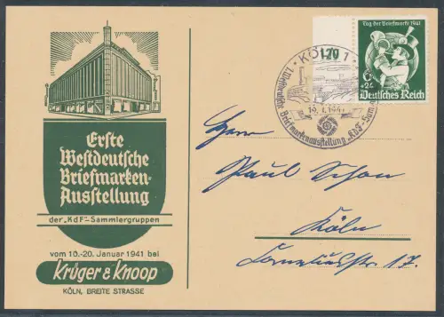 DR. Reklamekarte zur Erste Westdeutsche Briefmarken-Ausstellung 1941.