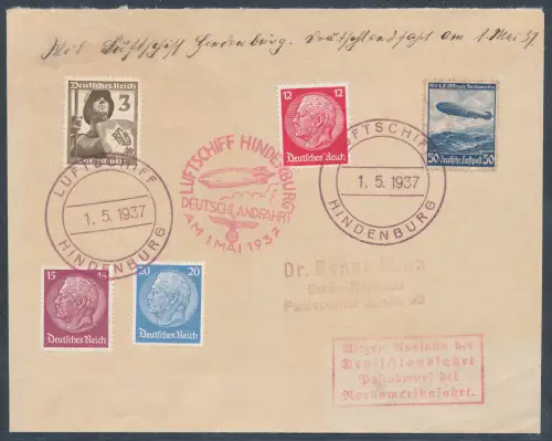 Zeppelin-Brief Deutschlandfahrt  1937 Si. 453 A  Bordpost Abwurf Köln.