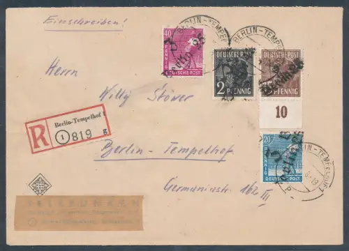 SBZ. Handstempel Bezirk 3, R-Ortsbrief mit Mi.F. Mi.-Nr. 166+171+173+177. 