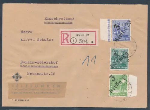 SBZ. Handstempel Bezirk 3, R-Ortsbrief mit Mi.F. Mi.-Nr. 169+172+178.
