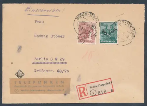 SBZ. Handstempel Bezirk 3, R-Ortsbrief mit Mi.F. Mi.-Nr. 172+A179