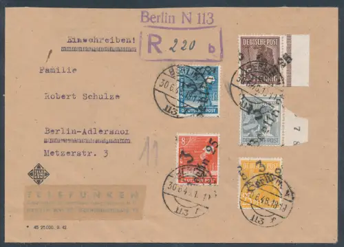 SBZ. Handstempel Bezirk 3, R-Ortsbrief mit Mi.F. Mi.-Nr. 168+170+171+173+175. 