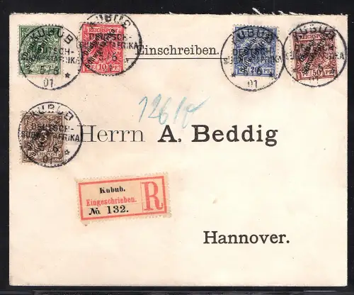 DSWA. Mi.-Nr. 5-10 ohne 9 auf R.-Fernbrief aus Kubub nach Hannover.