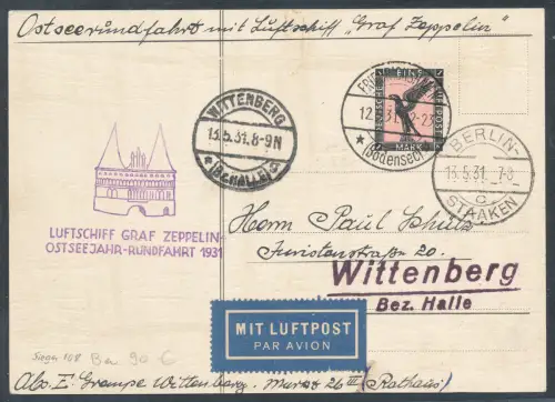 Zeppelin-Karte LZ 127 1931 mit EF. Mi.-Nr. 382 Ostseejahr Rundfahrt Si. 108 Ba