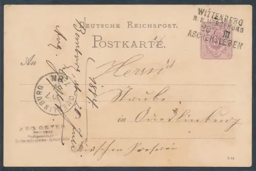 DR. Bahnpostst. Wittenberg R.B. Merseburg -Aschersleben auf Pfg.-Ganzsache.