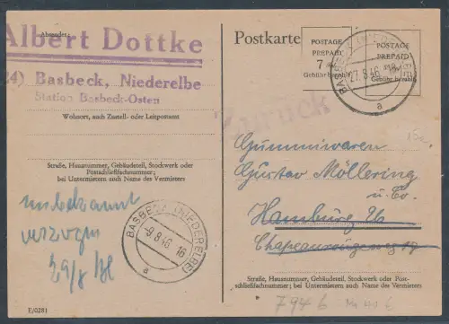 All. Besetzung Britische Zone Ganzsache RPD Hamburg Mi.-Nr. 794 b gelaufen.