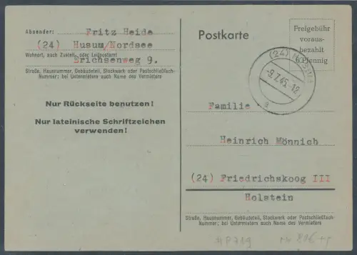 All. Besetzung Britische Zone Ganzsache Mi.-Nr. 719 gelaufen.