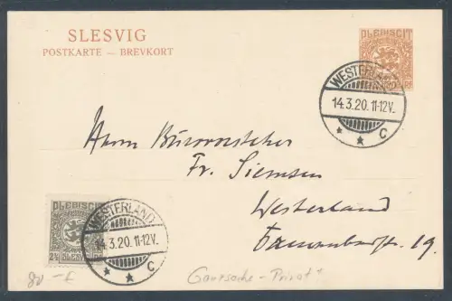 Slesvig, Ganzsache P 1 mit privatem Zudruck gelaufen.