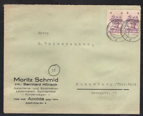 Deutsche Lokalausgaben Apolda Me.F. Mi.-Nr. 2 (1 Marke Uu) auf Fernbrief.