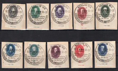 DDR. Mi.-Nr. 261-270, 266 ist b Farbe mit DV. gestempelt auf Briefstücke.