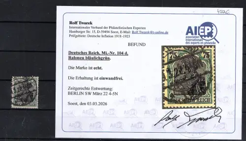 DR, Mi.-Nr. 104 d gestempelt, Befund Tworek.