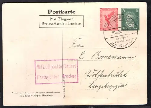 DR., Flugpost-Karte Braunschweig-Brocken, PP92-C1/01, gestempelt.