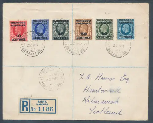 Britische Post in Marokko fr. Währung 6 Farben Frankatur gelaufen nach Scotland.