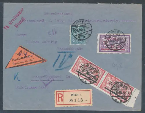 Memel Mi.-Nr. 99, 103, 123 Auf R.-NN.-Fernbrief.