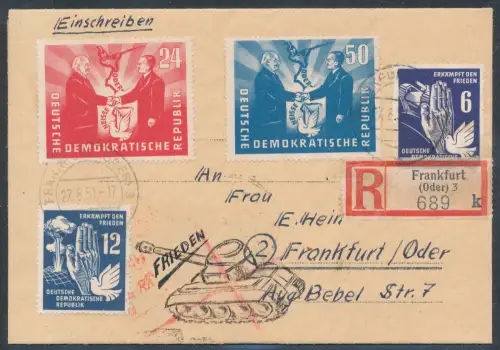 DDR. Mi.-Nr. 276-278 + 284-285 auf R.-Ortsbrief mit Ak.-St.