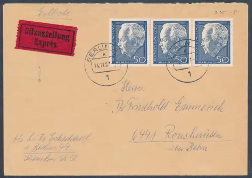 Berlin Me.F. Mi.-Nr. 235 als Eilbote-Fernbrief mit Propaganda-Vignette gelaufen.